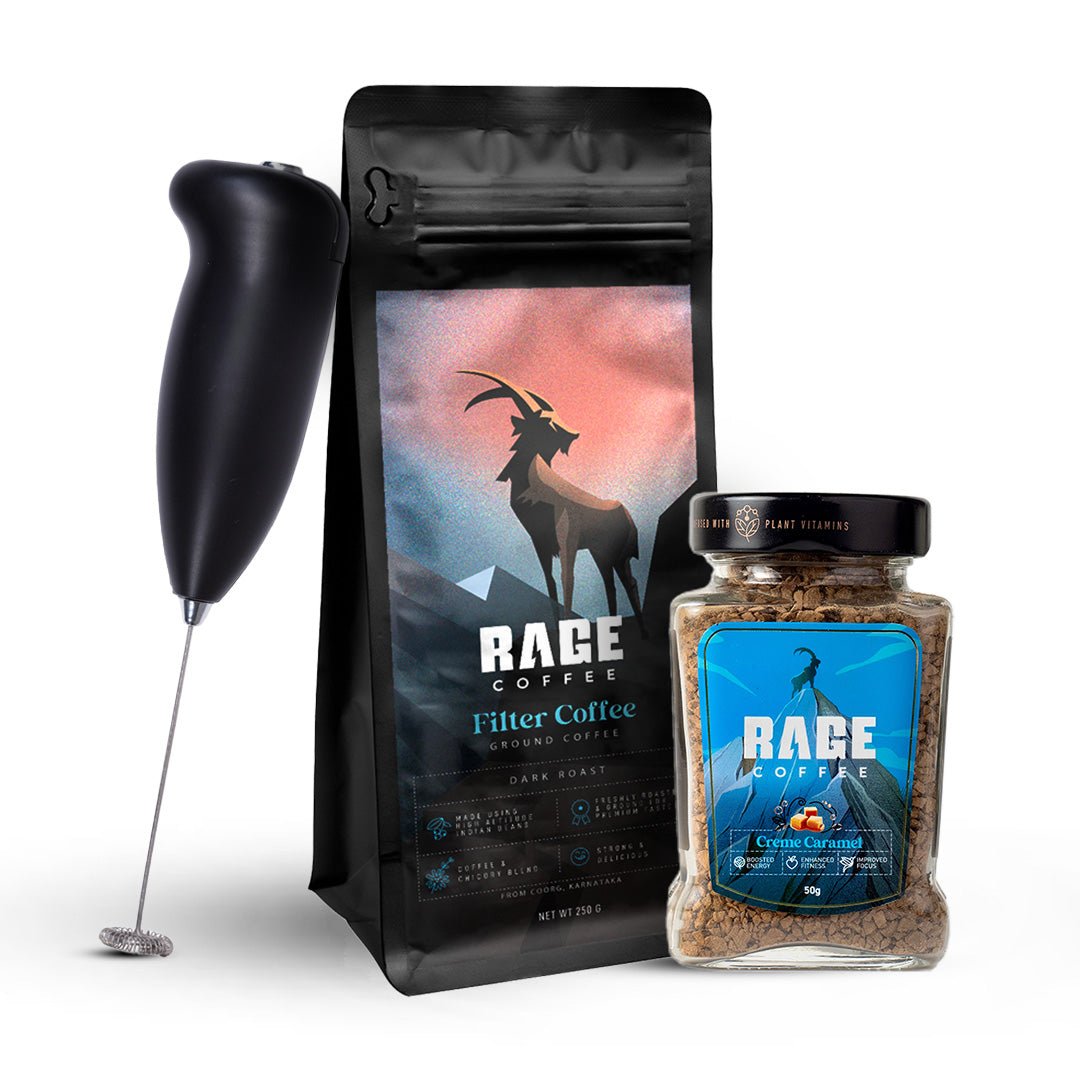 Rage Coffee - Coffee Essentials Trio (Ground Filter Coffee, Creme Caramel 50gm, Frother) product image