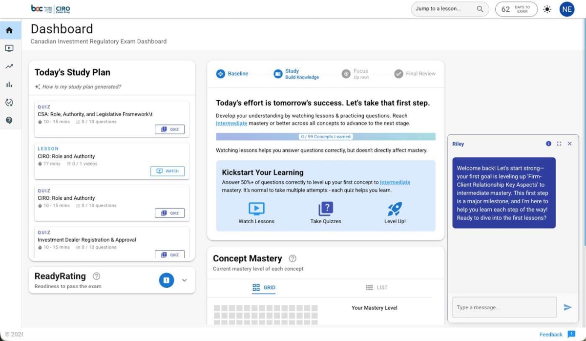 ReadyEngine dashboard showing study plan, concept mastery, ReadyRating, and Riley AI assistant