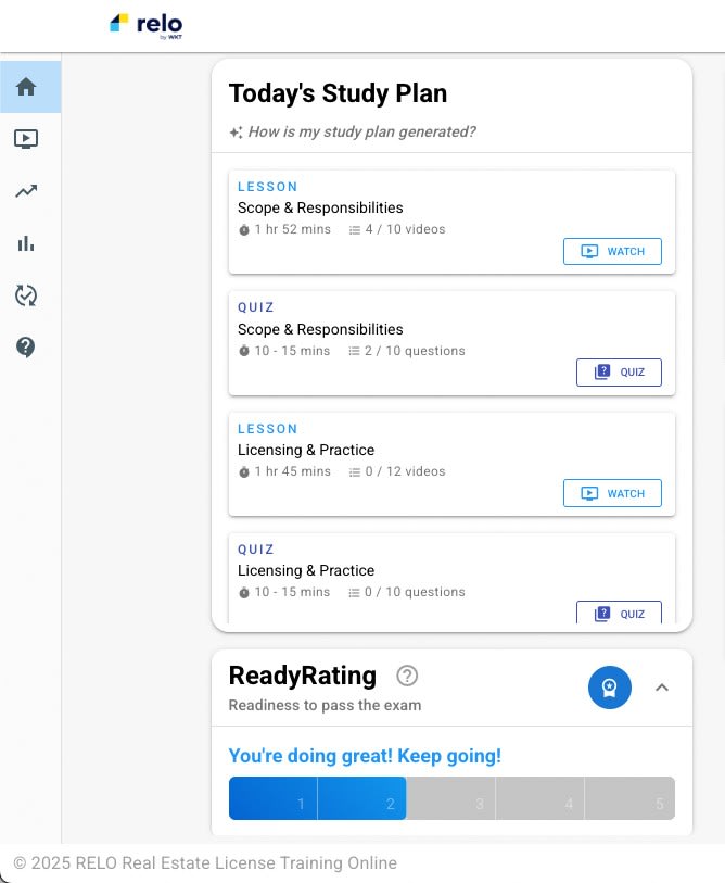 Relo readiness dashboard showing Today's Study Plan and ReadyRating