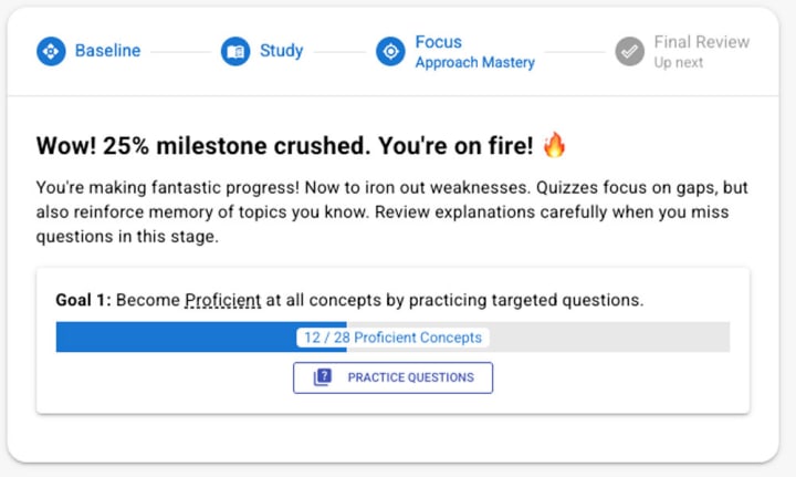 Study stage dashboard with milestones and next steps