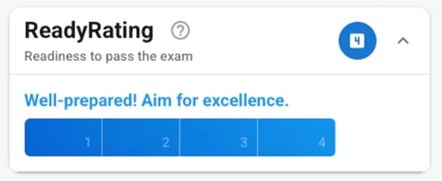 ReadyRating card showing readiness to pass the exam and a five-step progress scale
