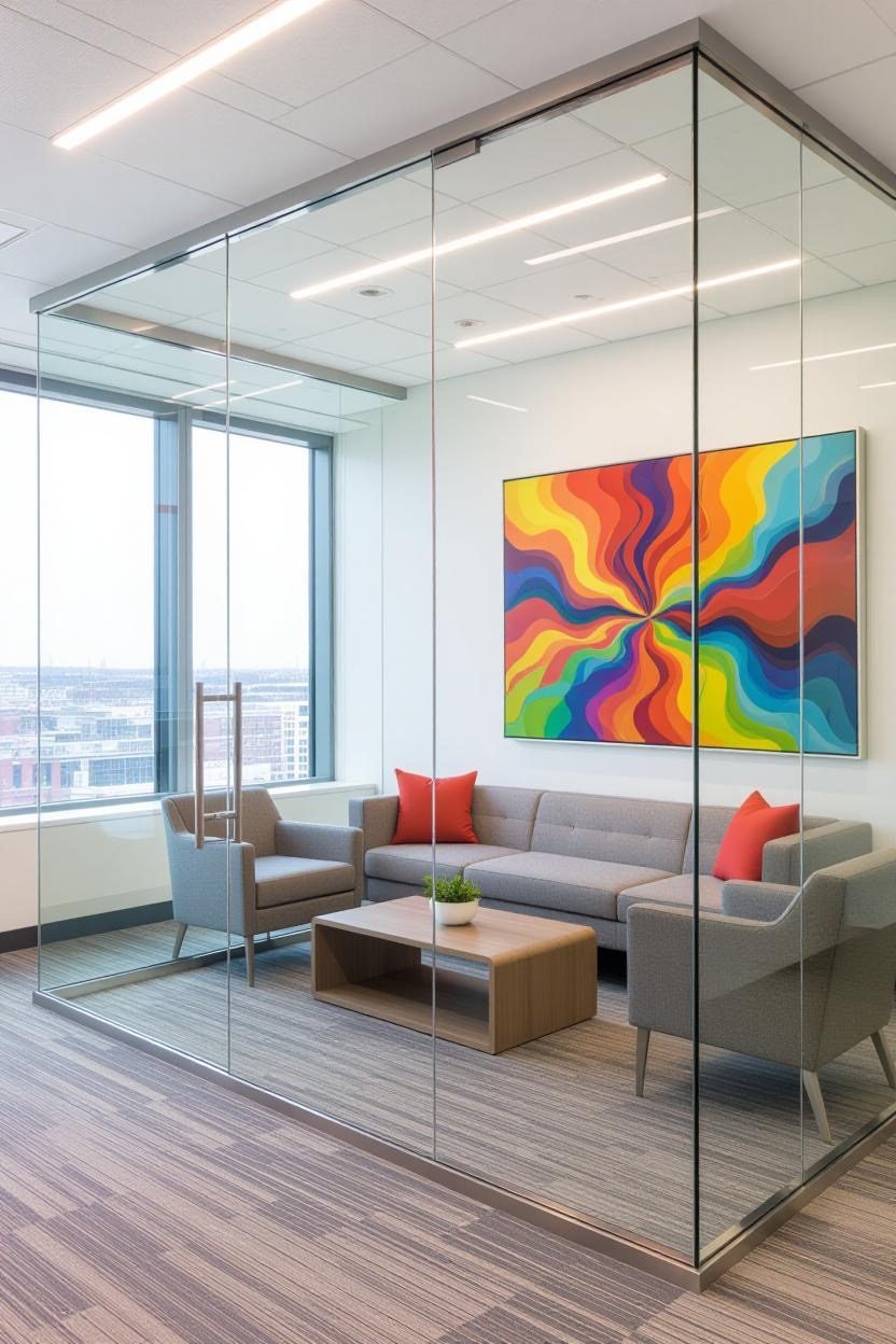 Frameless glass office partition near a modern waiting area