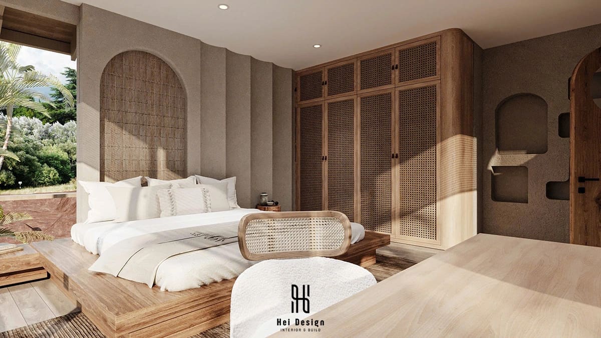 Phòng ngủ homestay Wabi Sabi 130m2 – giường gỗ thấp sàn và tường vữa thủ công