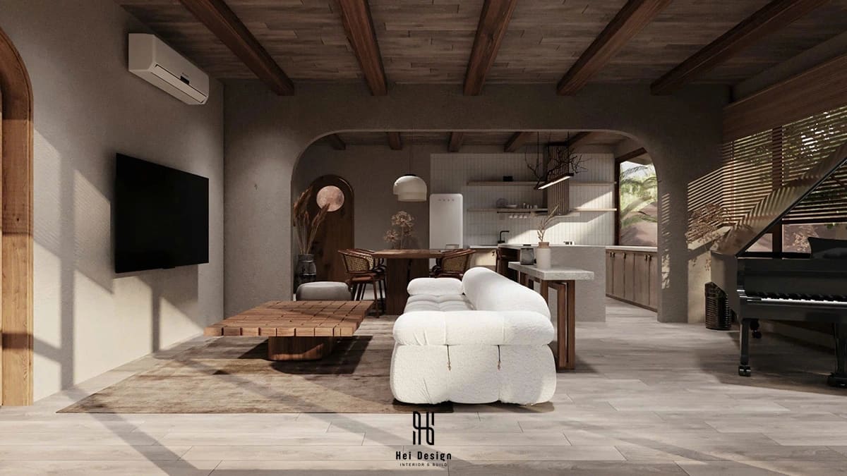 Phòng khách homestay Wabi Sabi 130m2 – ánh sáng tự nhiên và vật liệu thô mộc