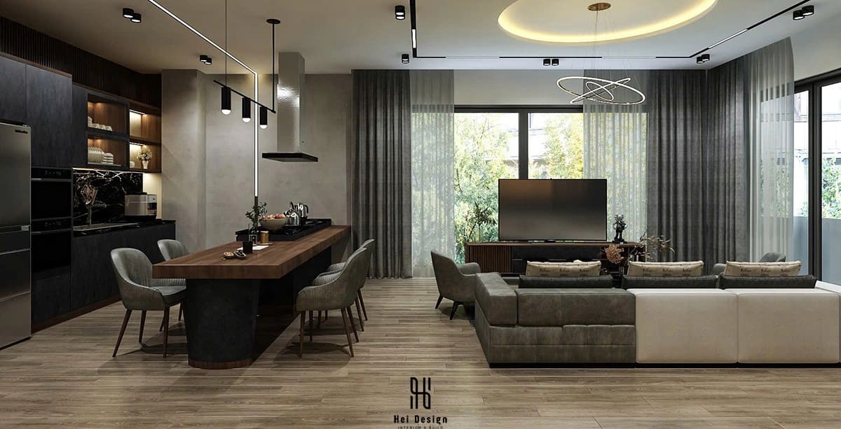Biệt thự Bình Tân 550m² — Phòng bếp chữ U mở, đảo bếp trung tâm mặt đá Calacatta — Hiện đại