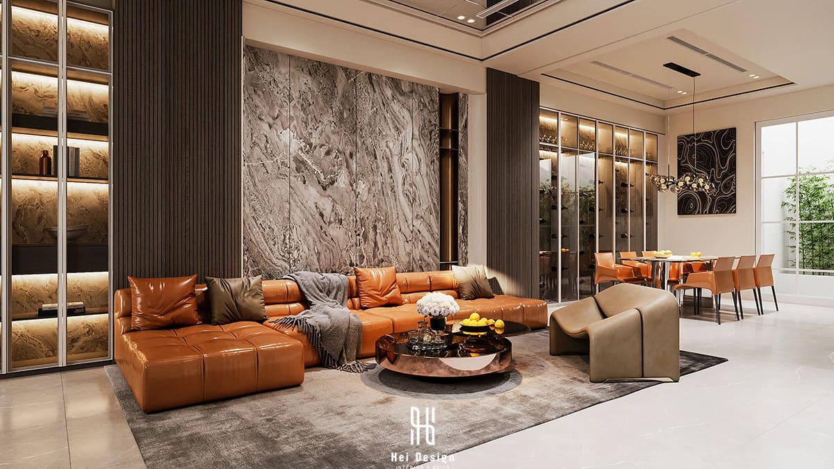 Phòng khách biệt thự Villa Tân An Long An – không gian open plan hiện đại 440m2