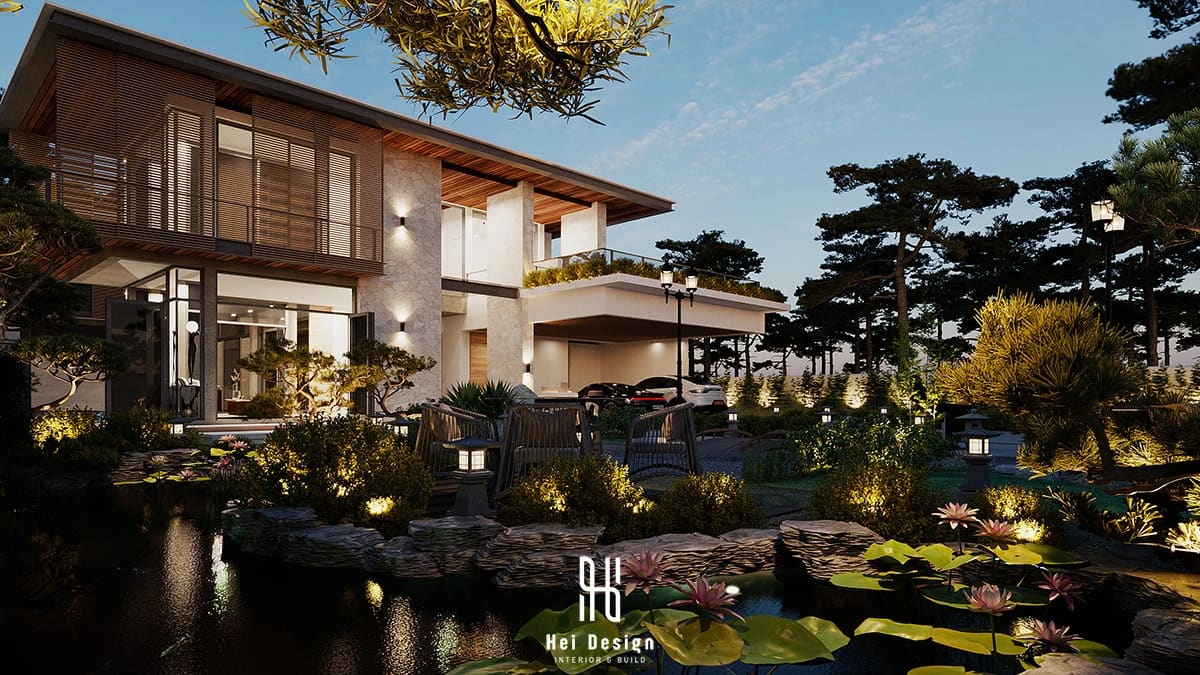 Mặt tiền biệt thự hiện đại Villa Tân An Long An 440m2 – hệ lam bê tông và đá ốp tự nhiên