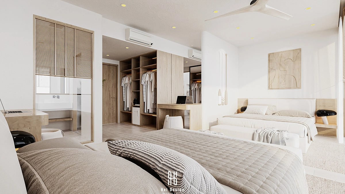 Phòng ngủ 2 biệt thự Villa Tân An Long An – thiết kế hiện đại tone xanh sage và trắng tự nhiên
