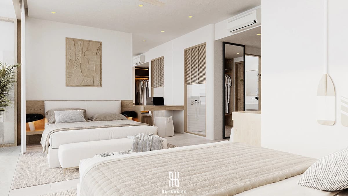 Phòng ngủ master biệt thự Villa Tân An Long An – đầu giường gỗ walnut và ánh sáng tự nhiên