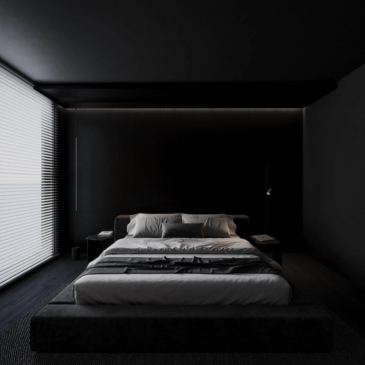 Phòng ngủ master villa Bình Phước – tường gỗ óc chó và đầu giường bọc da đen Dark Modern Luxury