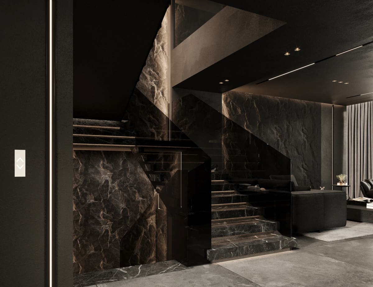Cầu thang floating và thông tầng villa Bình Phước – installation đèn Edison Dark Modern Luxury
