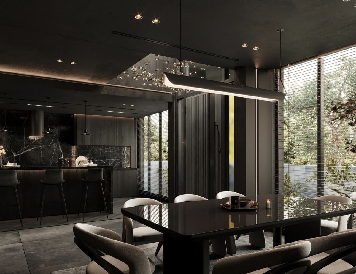 Phòng bếp villa Bình Phước – tủ bếp đen matte và đảo bếp đá Calacatta Viola Dark Modern Luxury