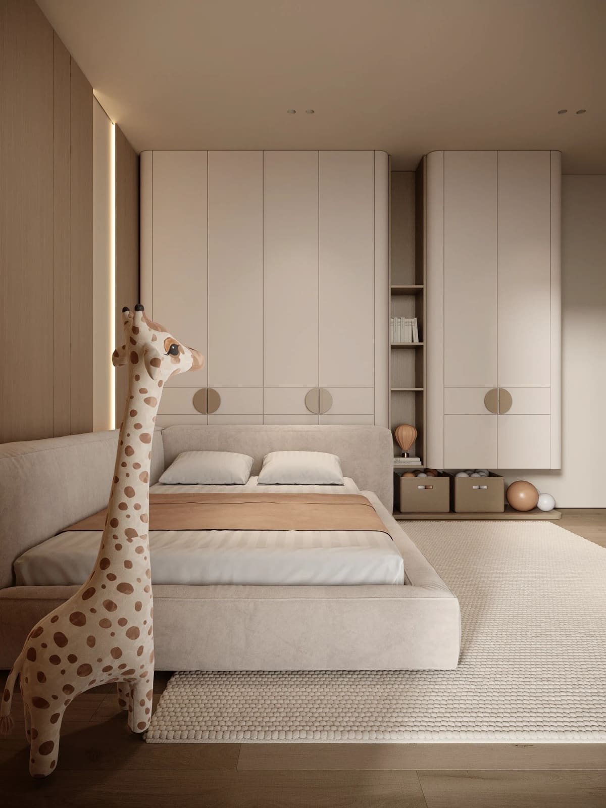Nhà phố Japandi 280m2 02 phòng ngủ – Phòng ngủ 02 với giường tầng gỗ tùy chỉnh và bàn học tích hợp