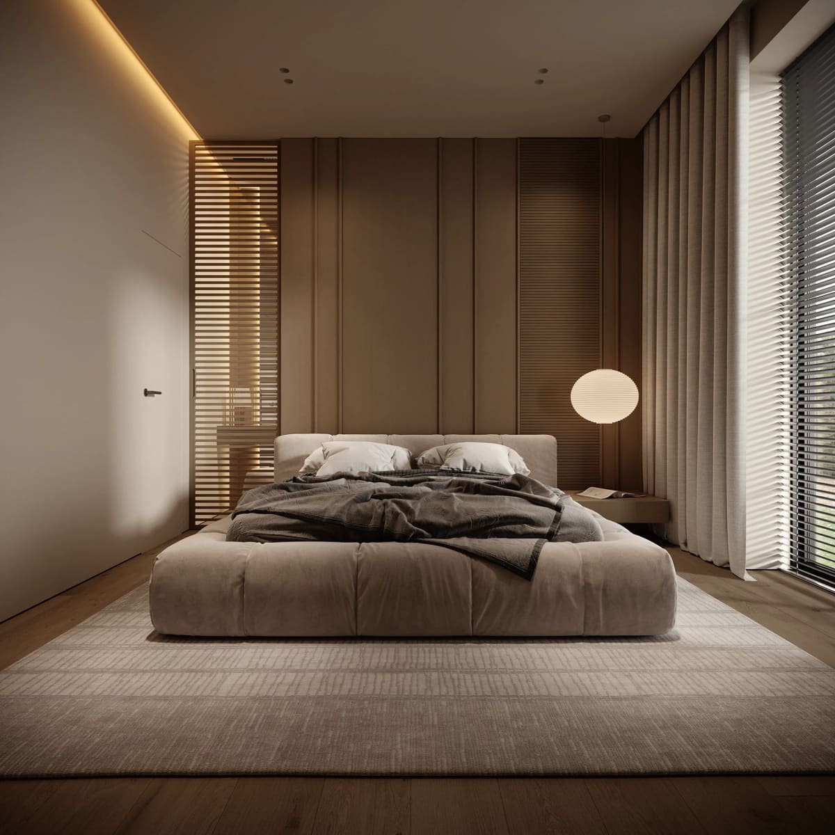 Nhà phố Japandi 280m2 02 phòng ngủ – Phòng ngủ master với panel gỗ đầu giường và ánh sáng mềm