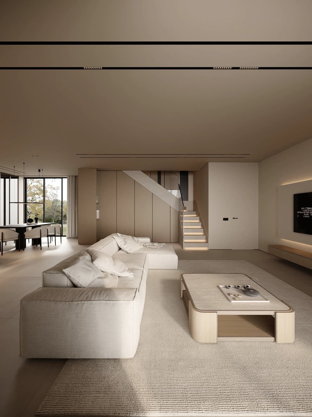 Nhà phố Japandi 280m2 02 phòng ngủ – Phòng khách với sofa trung tính và tủ tivi âm tường