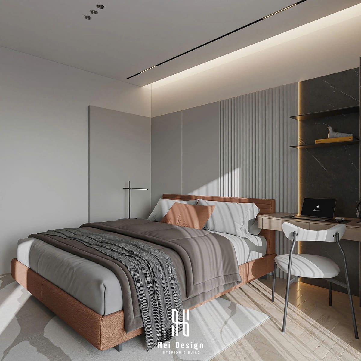 Phòng ngủ nhà phố Bình Tân phong cách Minimal với tone màu nhẹ giường thấp và hệ tủ kịch trần
