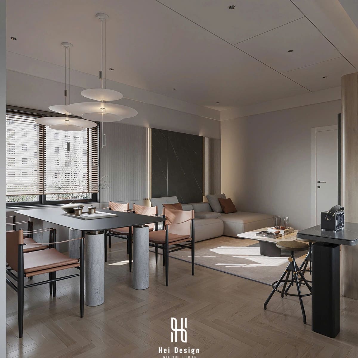 Moodboard vật liệu nội thất Minimal cho nhà phố Bình Tân gồm gỗ sáng đá sáng màu vải trung tính và ánh sáng ấm