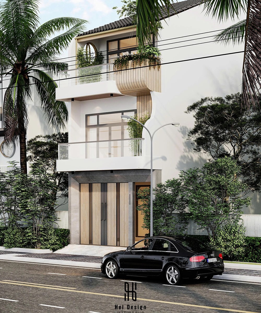 Mặt tiền nhà phố Củ Chi 300m2 phong cách Modern Design với ban công xanh và hình khối hiện đại