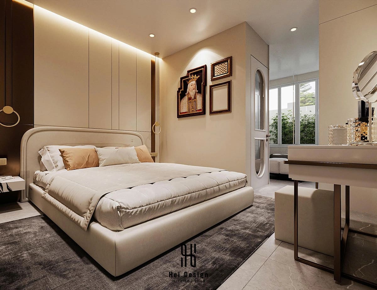 Phòng ngủ master nhà phố Củ Chi phong cách Modern Design với giường bọc nệm tone kem nâu và bàn trang điểm