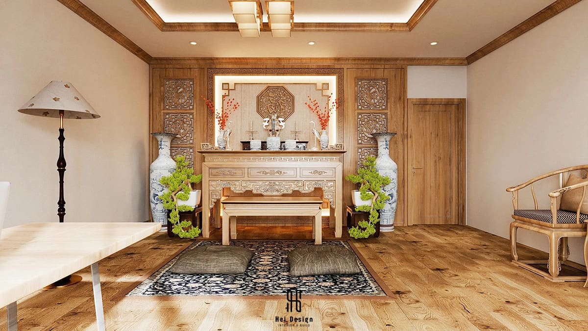 Phòng thờ nhà phố Củ Chi sử dụng gỗ tự nhiên hoa văn truyền thống và ánh sáng ấm trang nghiêm