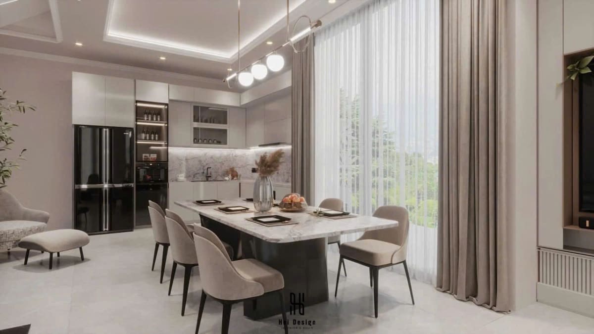 Không gian bếp và bàn ăn nhà phố Bình Phước hiện đại với bàn đá vân mây