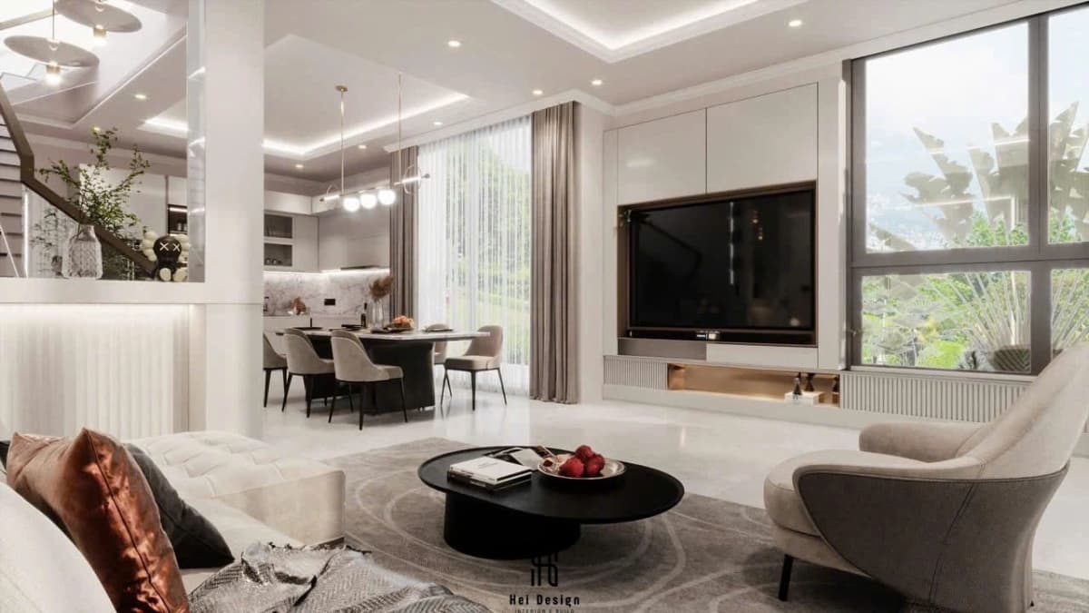 Phòng khách nhà phố Bình Phước hiện đại với sofa sáng màu và ánh sáng tự nhiên