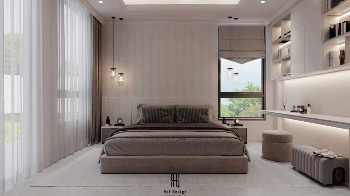 Phòng ngủ phụ nhà phố Bình Phước với kệ trang trí âm tường và ánh sáng ấm