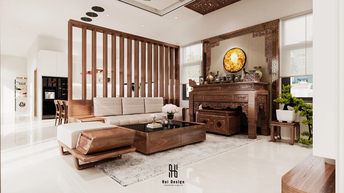 Hình ảnh thiết kế phòng khách kết hợp bàn thờ