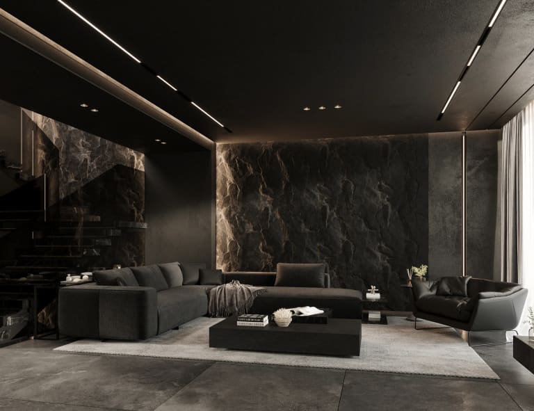 Thiết kế nội thất villa Bình Phước Dark Modern Luxury 400m2 – toàn cảnh không gian nội thất tổng thể