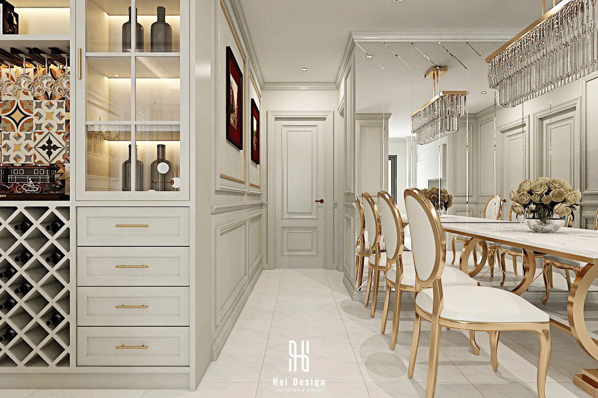Chi tiết mặt đá marble trắng và ghế ăn bọc da Ý màu caramel