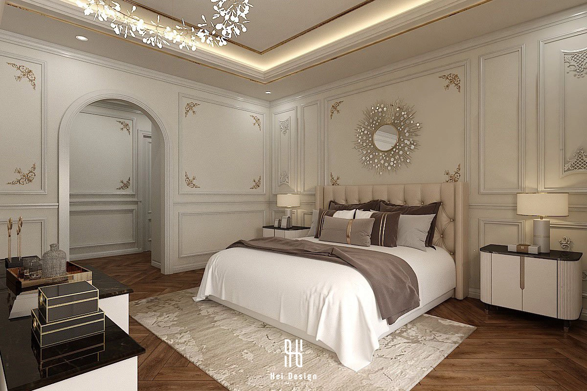 Phòng ngủ master với bảng màu xám nhạt – vàng gold và đầu giường ốp nỉ brass