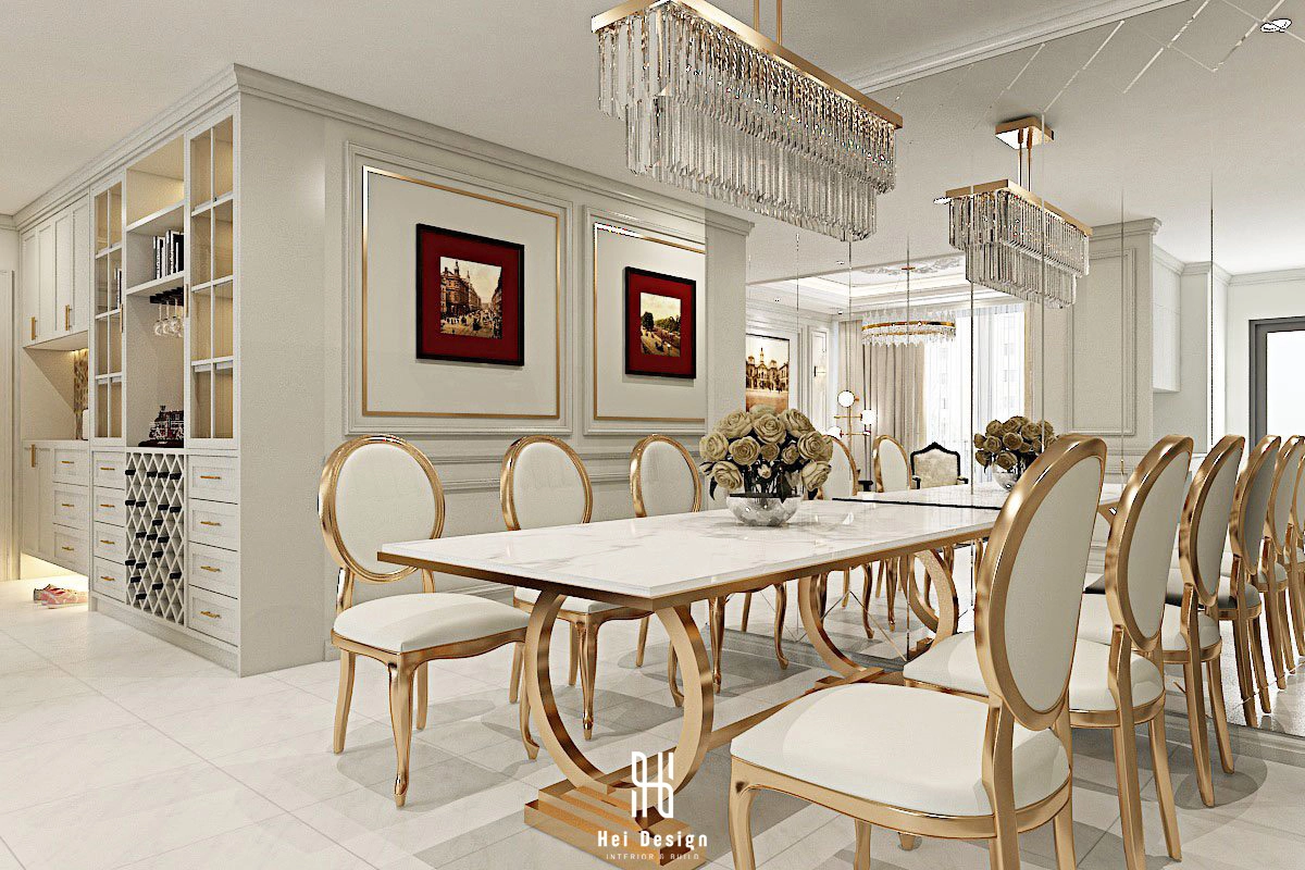 Phòng ăn với bàn marble 8 chỗ và cụm đèn thả chùm khung brass sang trọng