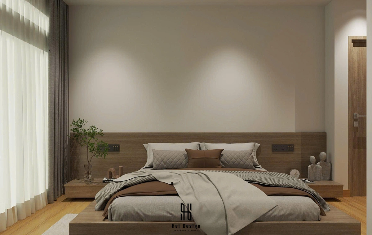 Phòng ngủ master Sunwah Pearl – Giường platform gỗ sồi, gối thảm tone đất