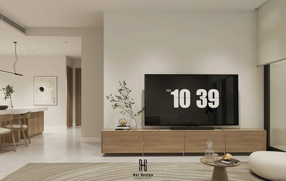Tủ tivi gỗ sồi floating và TV wall – Phong cách Japandi tối giản