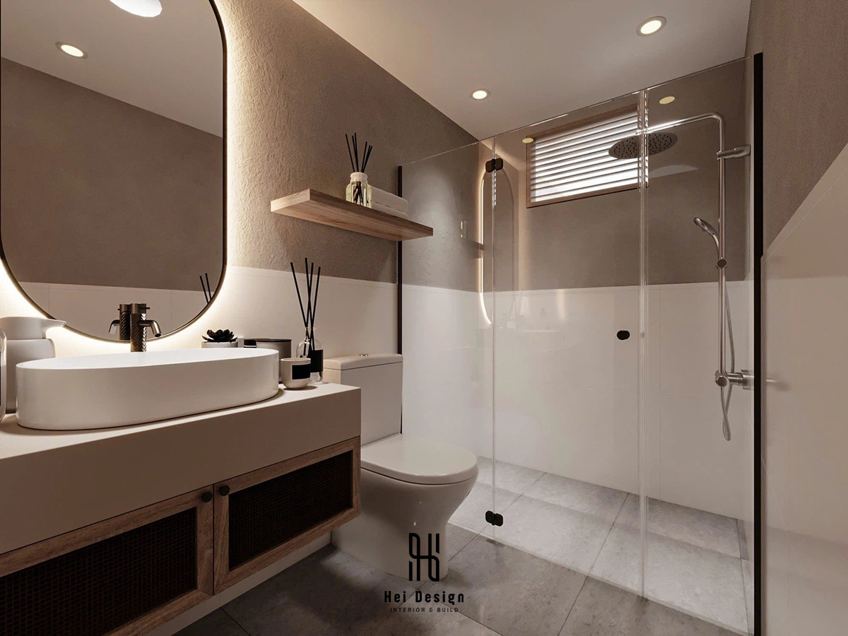 Phòng tắm homestay Wabi Sabi 130m2 – đá travertine và sen rain shower