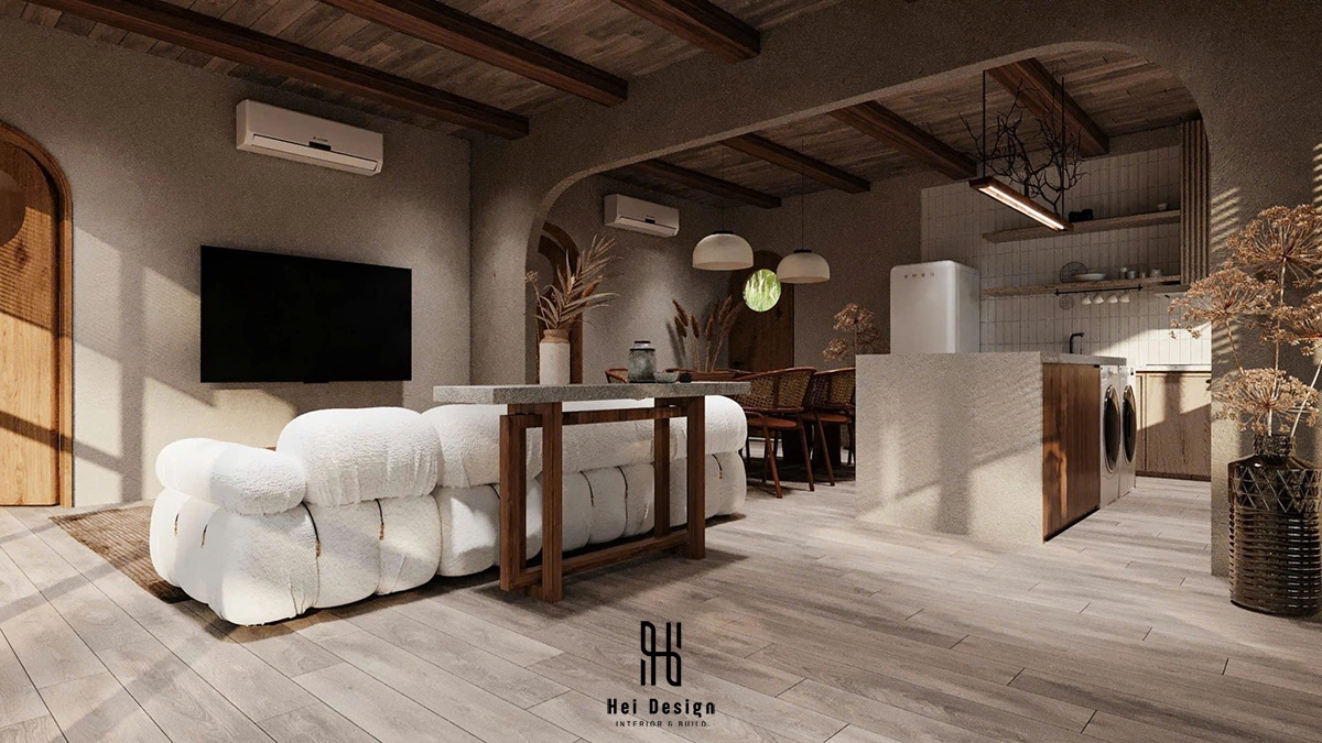 Không gian phòng khách homestay Wabi Sabi 130m2 – ánh sáng tự nhiên và vật liệu thô mộc