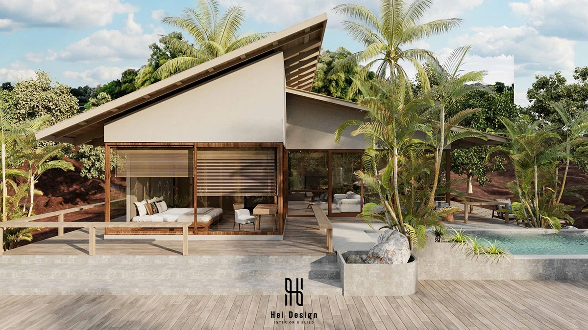 Sân hiên ngoài trời homestay Wabi Sabi 130m2 – mái tranh và bộ bàn ghế mây