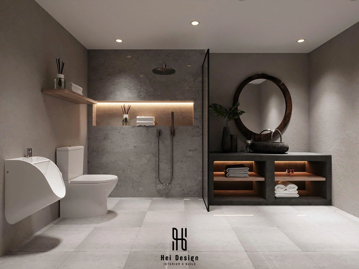 Chi tiết lavabo gốm thủ công và gương gỗ teak – homestay Wabi Sabi