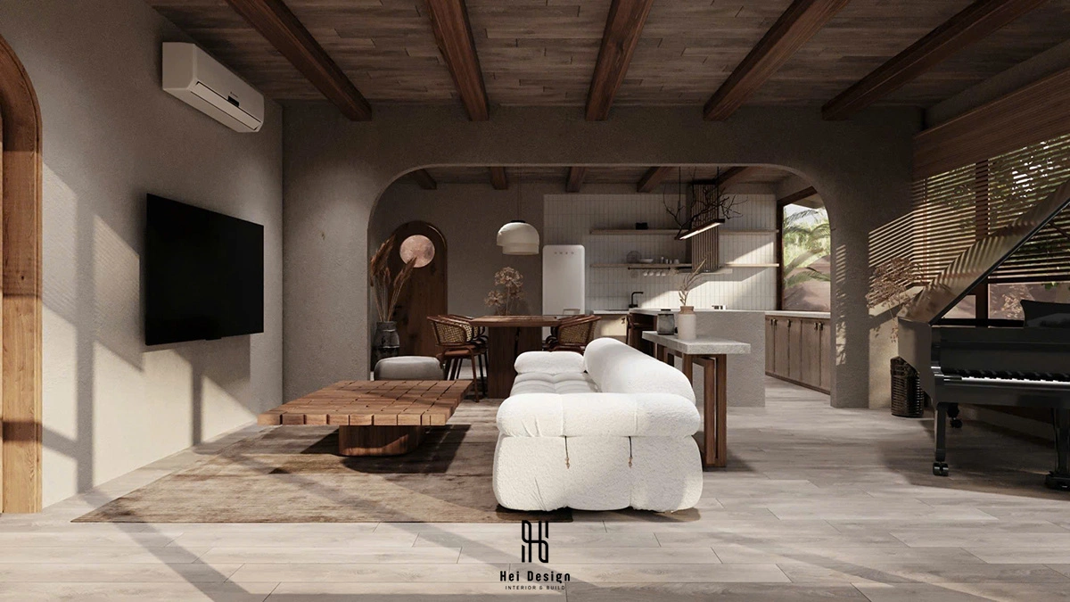 Chi tiết sofa và khu vực ngồi nghỉ – Homestay Wabi Sabi 130m2
