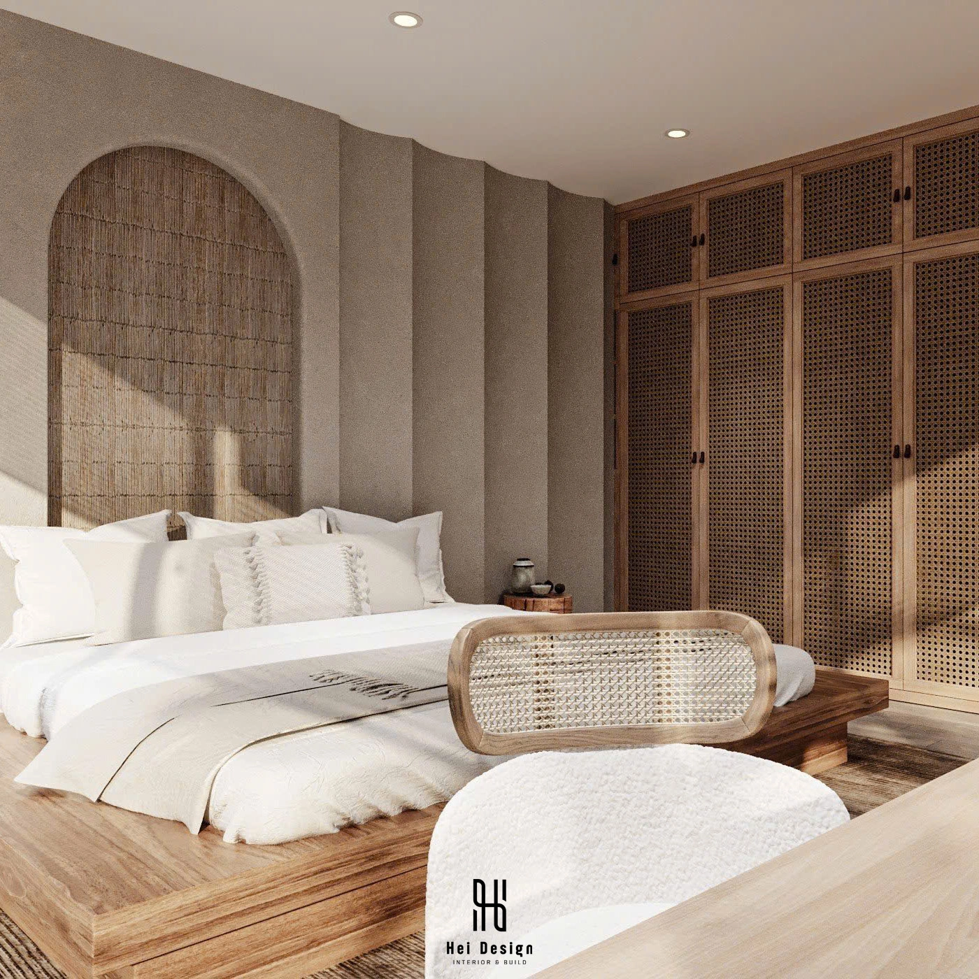 Chi tiết đầu giường – vữa trowel và decor gốm thô homestay Wabi Sabi
