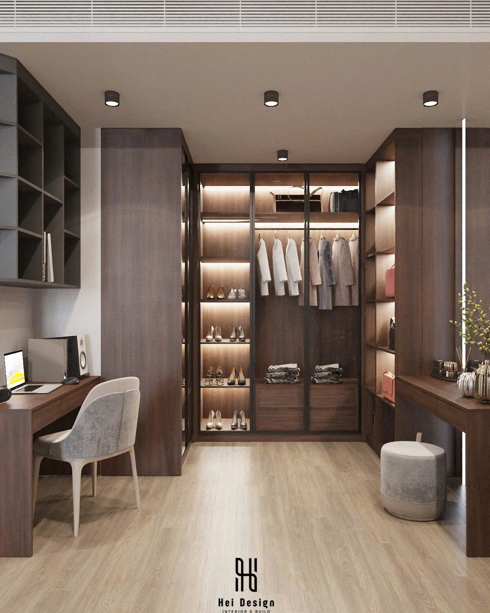 Biệt thự Bình Tân 550m² — Tủ quần áo âm tường cửa gương 3.6m, phòng ngủ Master