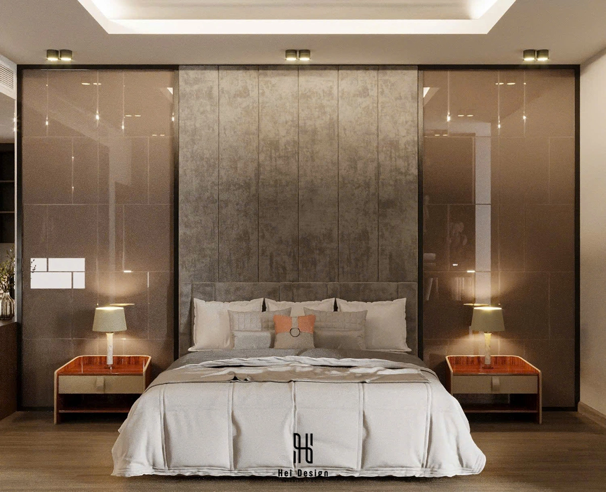 Biệt thự Bình Tân 550m² — Phòng ngủ Master 42m², giường King, đầu giường velvet — Hiện đại