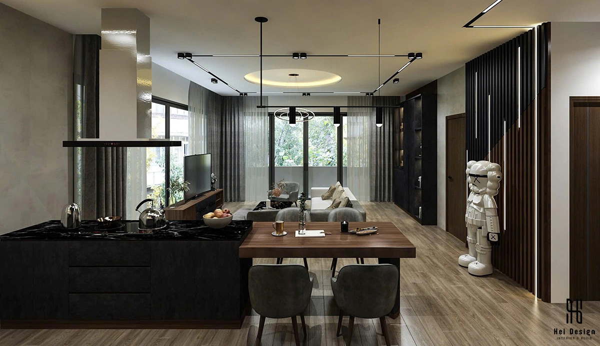 Biệt thự Bình Tân 550m² — Chi tiết đảo bếp mặt đá Calacatta, ghế bar cao — Hiện đại