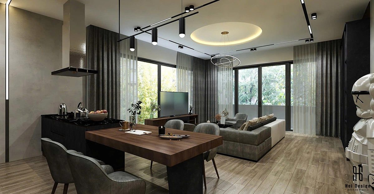 Biệt thự Bình Tân 550m² — Tủ TV âm tường gỗ sồi 4.2m, đèn LED viền — Phong cách Hiện đại