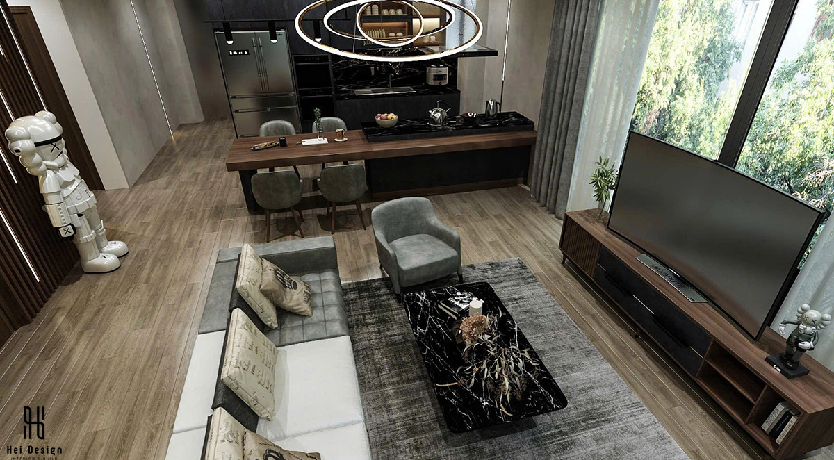 Biệt thự Bình Tân 550m² — Phòng khách thông tầng đôi cao 5.4m, sofa linen tone kem — Hiện đại