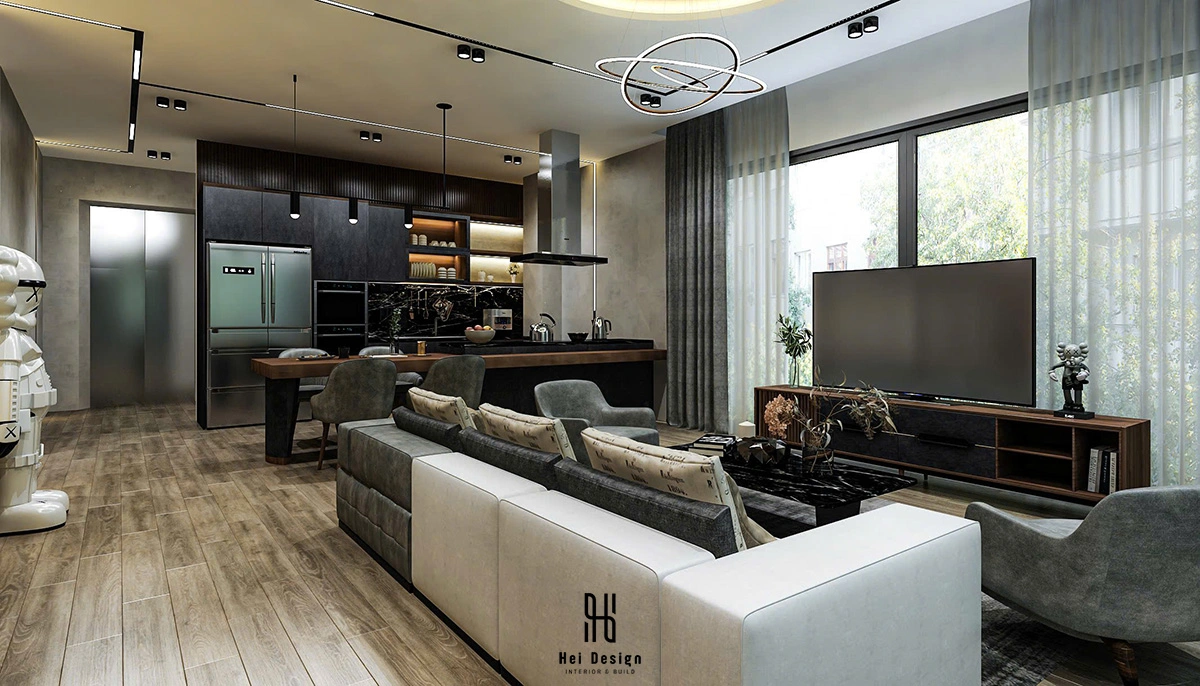 Biệt thự Bình Tân 550m² — Phòng bếp chữ U mở, đảo bếp trung tâm — Phong cách Hiện đại