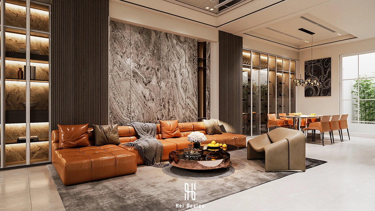 Phòng khách biệt thự Villa Tân An Long An – không gian open plan hiện đại 440m2