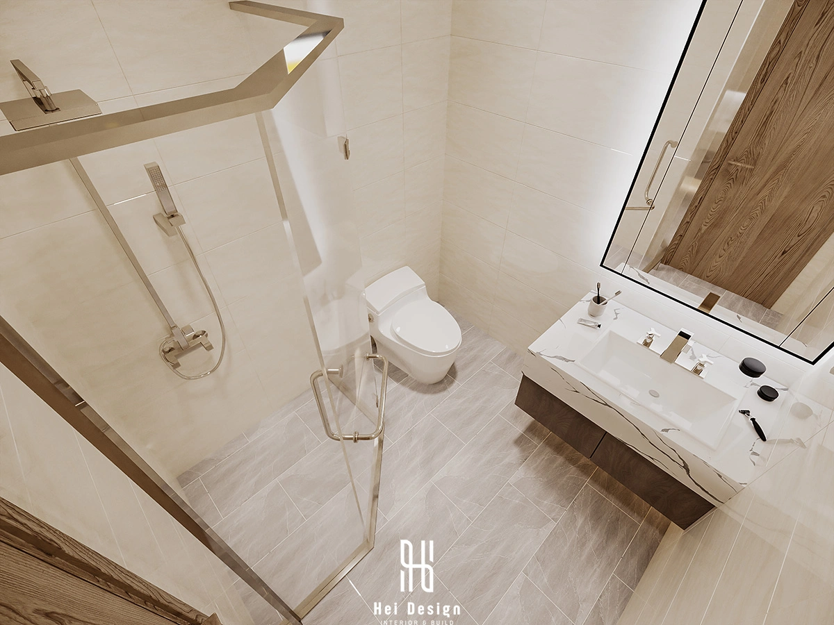 Phòng tắm master biệt thự Villa Tân An Long An – bồn tắm freestanding và đá travertine tự nhiên