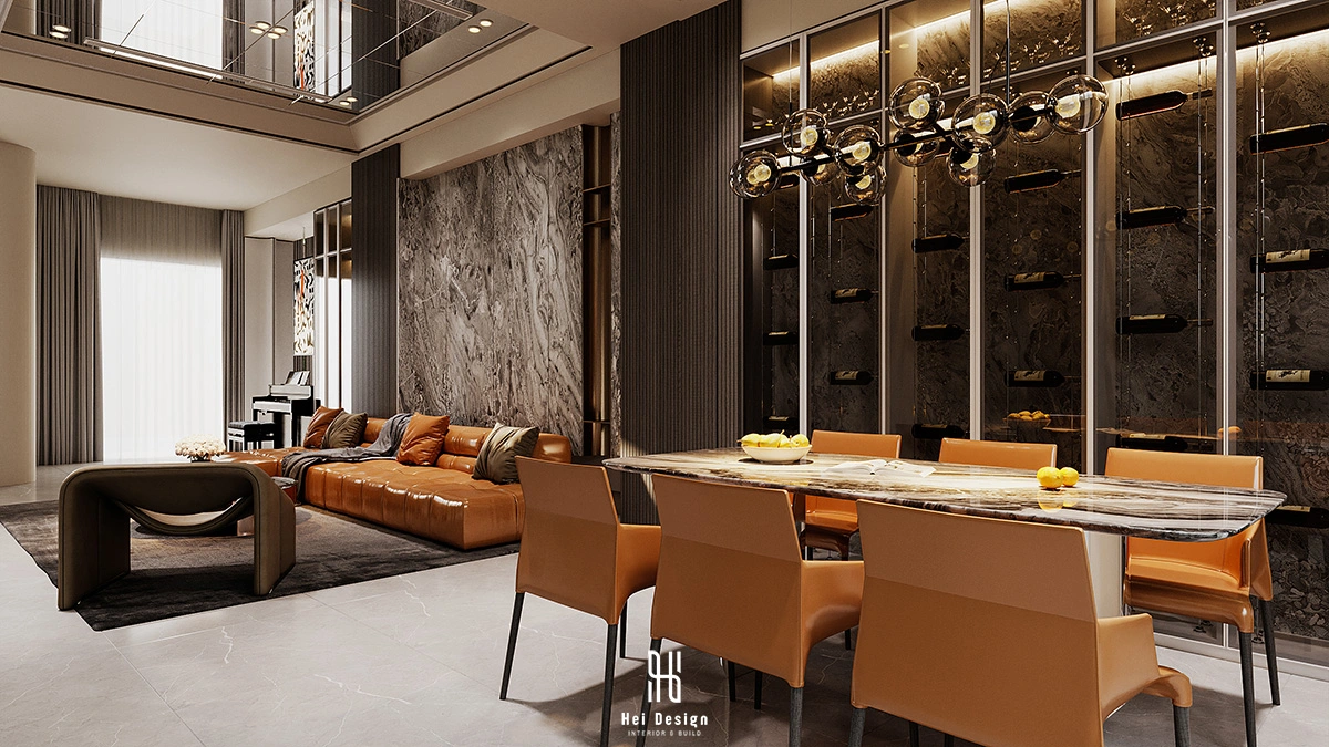 Phòng bếp biệt thự Villa Tân An Long An – đảo bếp Dekton và tủ bếp màu sage hiện đại