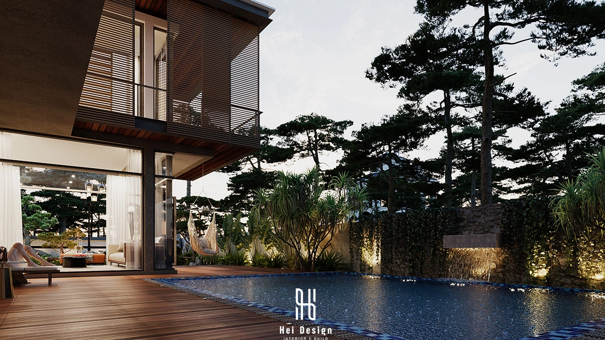 Mặt tiền biệt thự hiện đại Villa Tân An Long An 440m2 – hệ lam bê tông và đá ốp tự nhiên